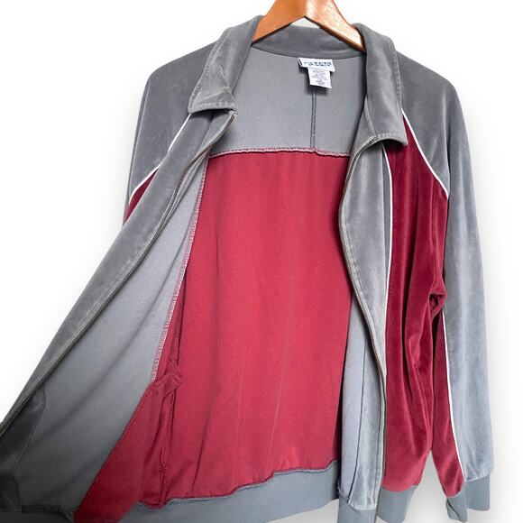 Vntg Irvine Park Velour Track Jacket Mens L Grey Maroon Full Zip Pockets Hip Hop - Picture 6 of 8